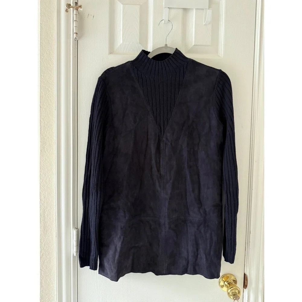 Tory Burch Molly Leather Front Merino Wool Mock Neck Sweater Navy Women's Medium